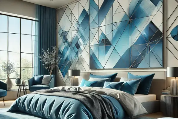 Abstrato Geométrico em Tons de Azul: Transforme Seu Quarto com Estilo Contemporâneo