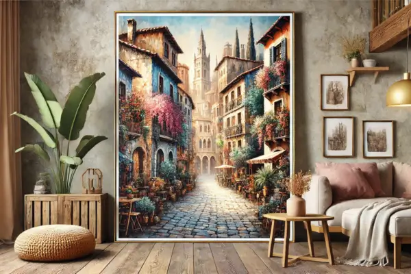 Pintura de Cidades Antigas em Aquarela para Decoração Rústica de Salas