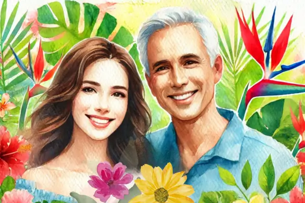 Pintura em Aquarela para Retratos de Família com Fundo Floral Tropical